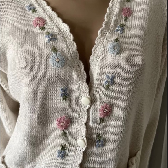 Vintage Sweater Floral Embroidered Button Up Cardigan Huntington Ridge Ramie - Picture 5 of 10